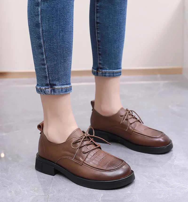 GKTINOO Women Lace-up Loafers Spring Autumn British Style Genuine Leather Thick Heels Platform Casual Shoes Handmade Retro