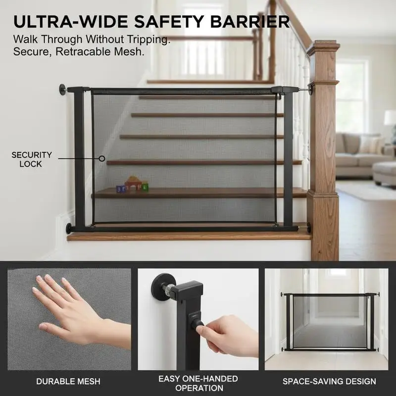 

Retractable Baby Gate, Extends to 57 inch Wide, 38.5 inch Tall, with Security Lock, Easy to Use, Walk Through Without Trippin