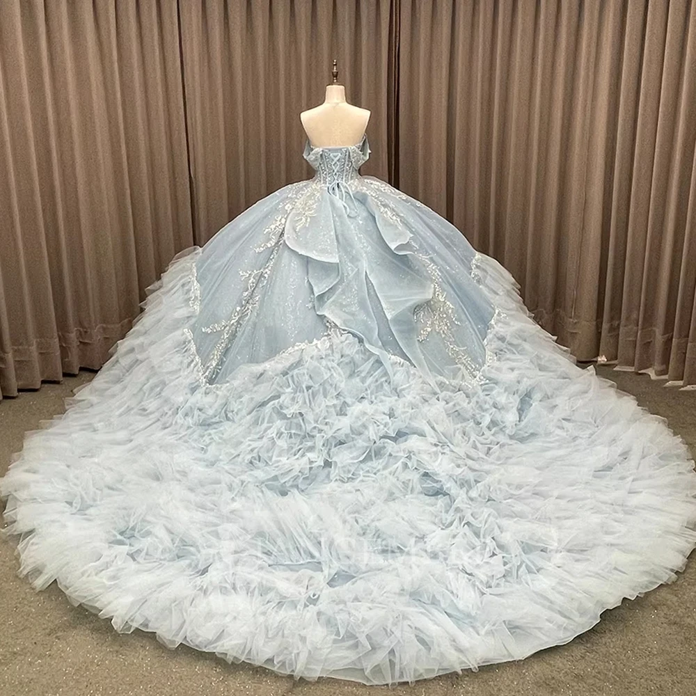 Ruffles Customized Glitter Crystal Beading Ball Gown Quinceanera Dresses Off The Shoulder Sequined vestidos de 15 quinceañeras