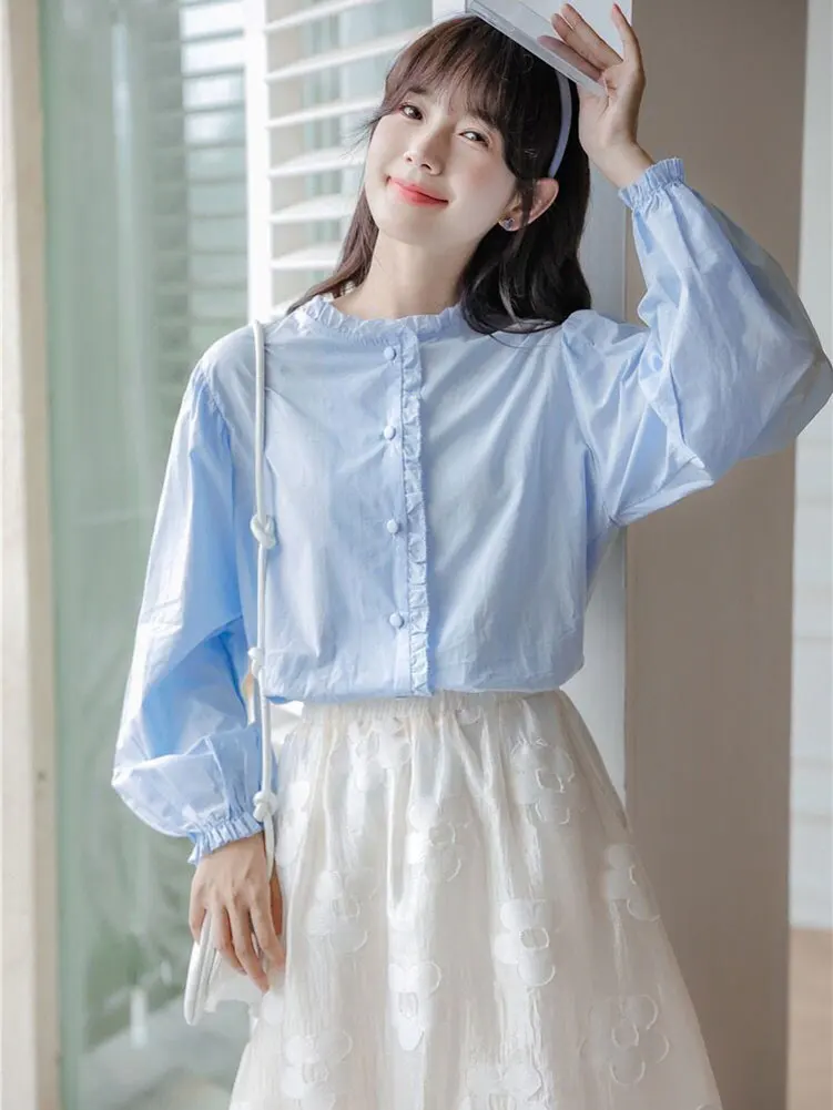 School Puff Long Sleeve White Shirt Women Elegant Ruffles Basic Blouses Female Oversize Casual Top Button Down Crew Neck