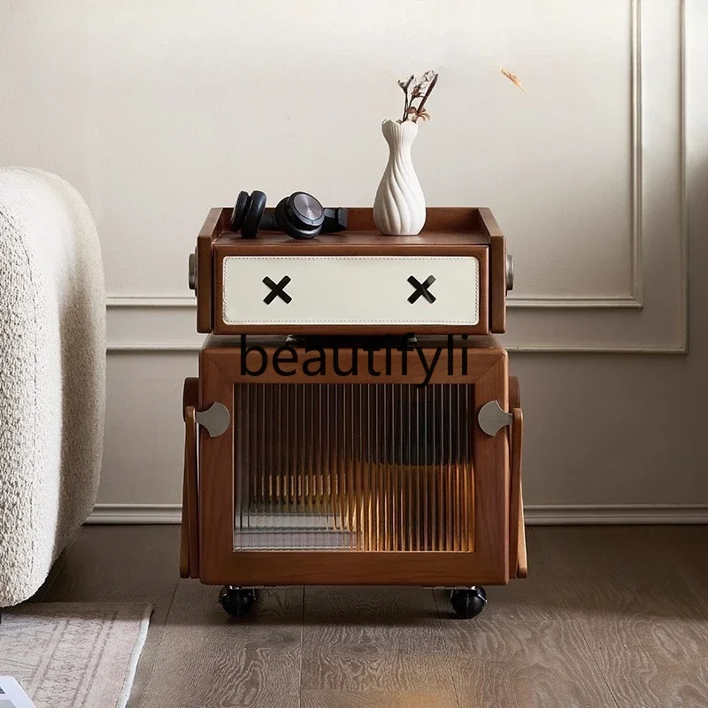 

Retro all-solid wood chest cabinet Cherry wood bedside table Movable rotating cute cute robot locker