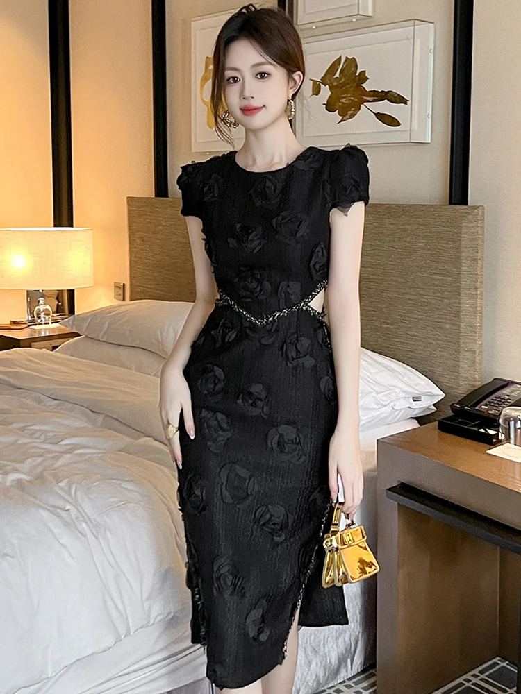 Socialite Elegant Party Dress ผู้หญิงหวานเซ็กซี่เก๋ดอกไม้ Hollow ตัด Midi Robe Femme วันเกิดจัดเลี้ยง Vestidos วันหยุด