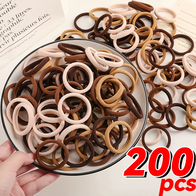 20-200pcs Basic Nylon Hair Rope Rings Kid Sweet Girls Khaki Brown High Elastic Ponytail Holders Ties Headbands Accessories 4.5cm