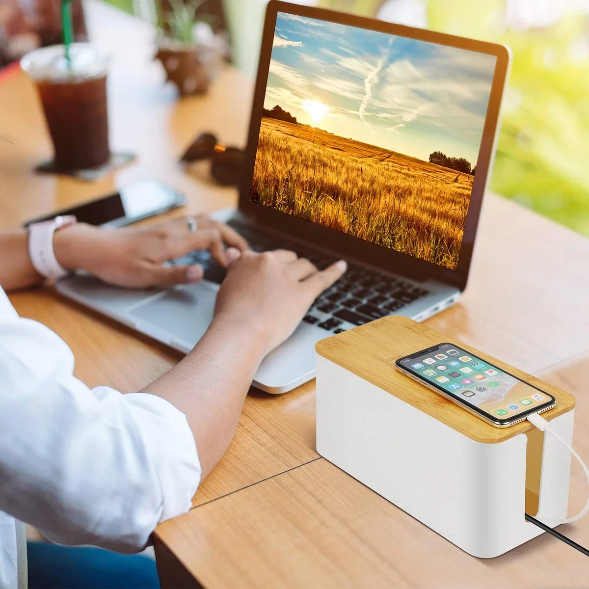 

Creative And Minimalist Desktop With Bamboo And Wood Cover, Cable Box, Power Strip Storage Box, Power Cord, Charger Storage Box