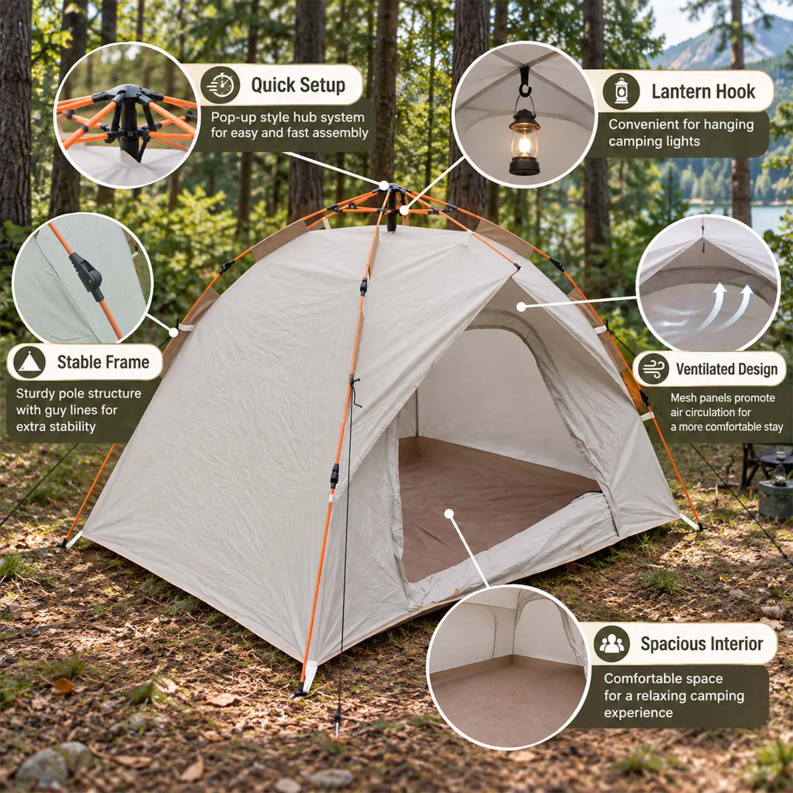 Pop Up Camping Tent Automatic Instant 2 Person Beige Dome Tent 2 Doors Mesh Door for Forest Night Glamping Outdoor Cozy view 6