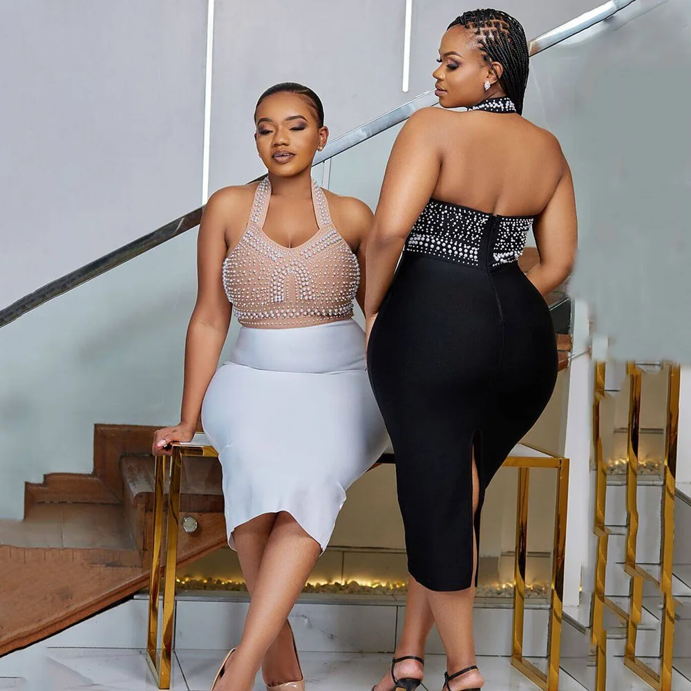 

2025 Summer Sexy Neck Halter Beads Temperament Slim Bandage Dress Party Dress Medium and Long Skirt