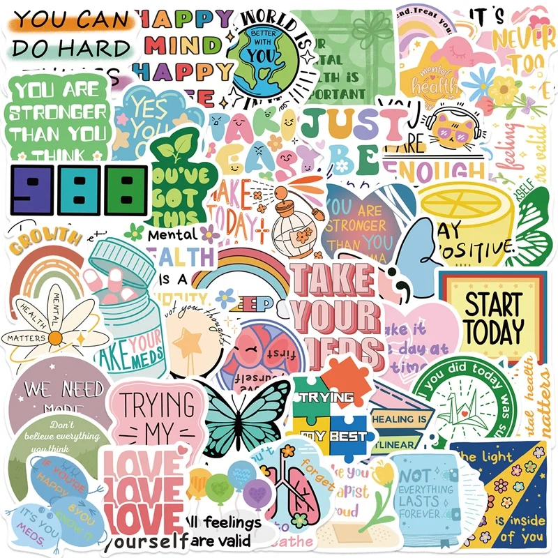

10/30/50PCS Cartoon Mental Health PVC Sticky Sticker Aesthetic DIY Stationery Decoration Scrapbooking School Supplies for Kids