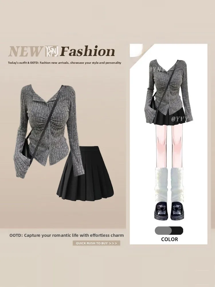 

Комплект: вязаный свитер с V-образным вырезом и плиссированная юбка в корейском стиле для женщин, весенний модный ансамбль с высокой талией, дизайн в студенческом стиле