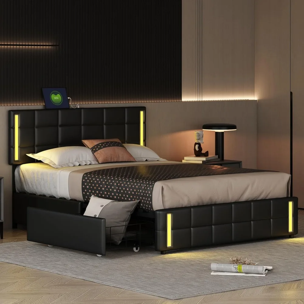 Queen Size Upholstered Platform Bed with LED Lights and USB Charging, Linen Frabic Wooden Bedframe with 4 Storage Drawers