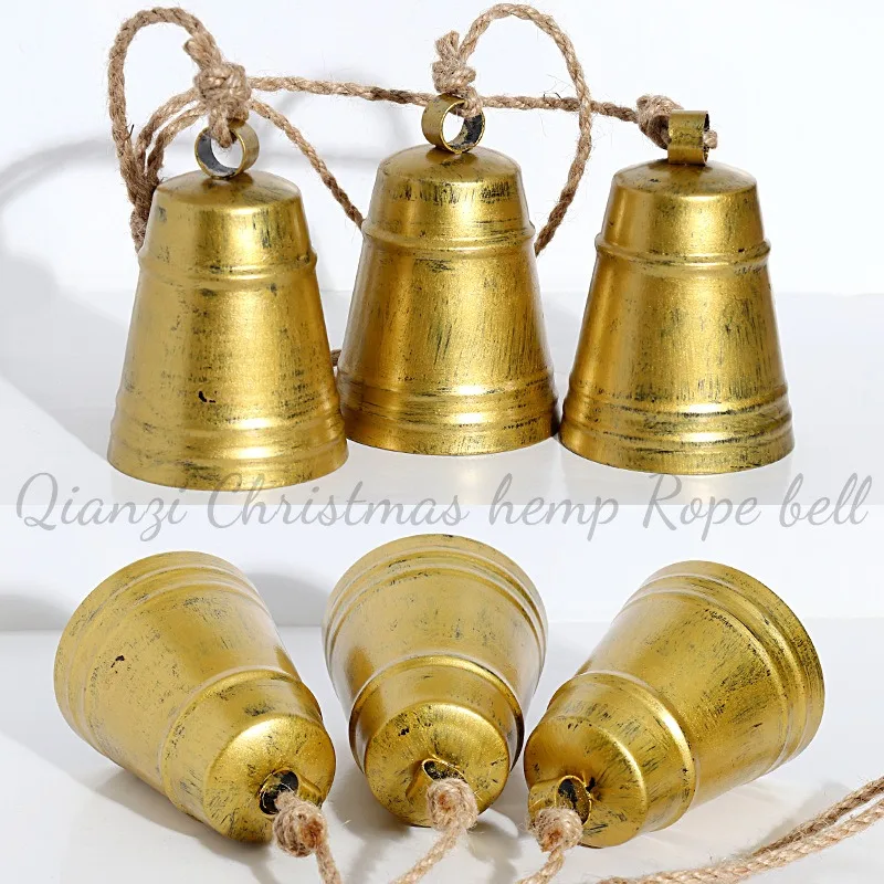 Antique Iron Bell Christmas Ornament Hemp Rope Hanging Decor for Fireplace Mantel Rustic Metal Jingle Bells Holiday Home Decor
