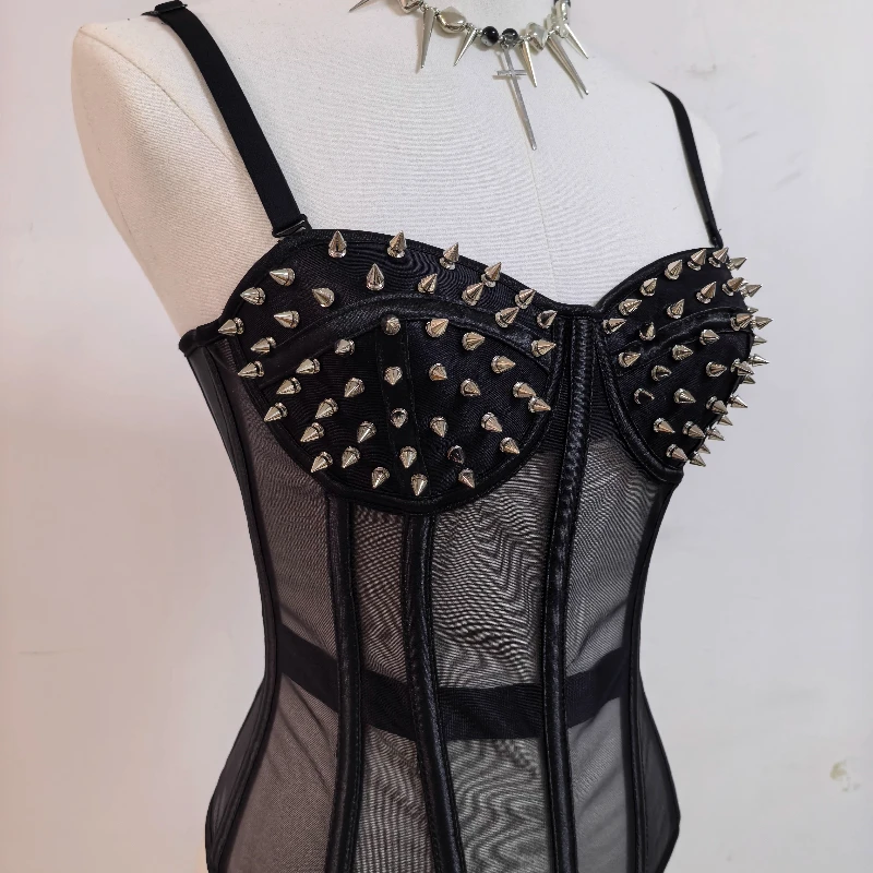 الأوروبية الأمريكية الشرير الظلام Y2K مثير الملابس النسائية التصميم الأصلي الحلو كول شبكة انظر من خلال هيكل السمكة برشام سترة السيدات