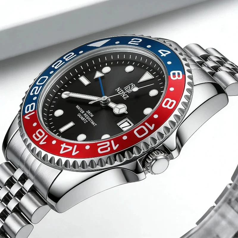 NDNZ Two-Tone Bezel GMT Watch, Men's 3Bar Waterproof Quartz Wristwatch, Stainless Steel Bracelet, Casual Business