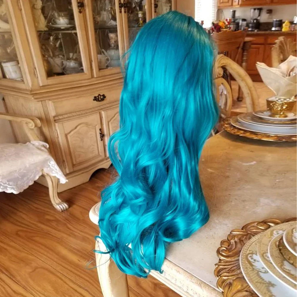 

Synthetic Replacement Hair Wig With Bangs Blue Color Long Wavy Heat Resistant No Lace Wigs for Fashion Women Coosply Halloween