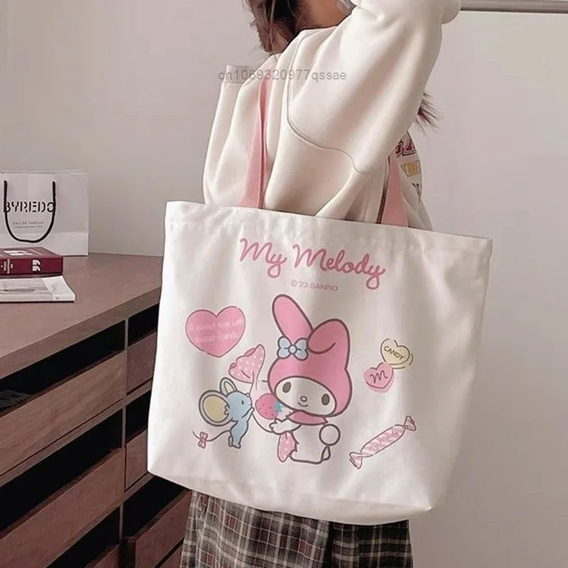 Sanrio Melody Kuromi Canvas Bag Cute Hello Kitty Classroom Handbag Large Capacity Student Shoulder Bag Zipper Commuter Bags