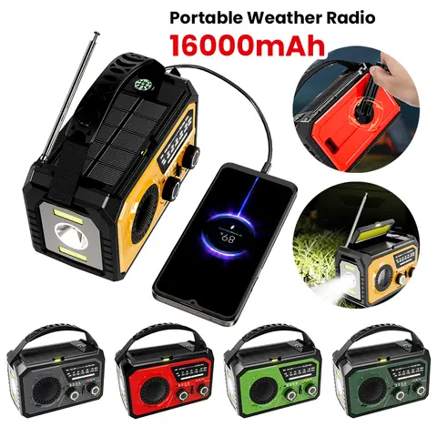 16000mAh AM/FM/WB NOAA Emergency Weather Radio LED Flashlight Reading Lamp Bluetooth-Compatible 5.3 Speaker for Outdoor Survival