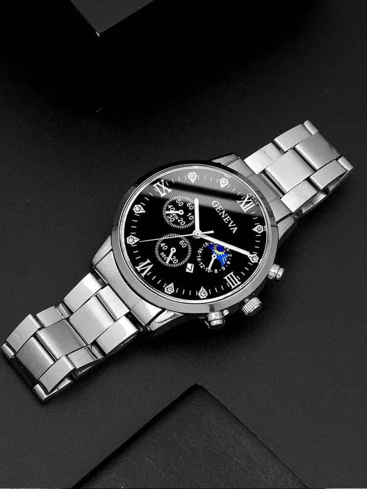 2pcs Fashion Business Calendar Men\'s Round Roman Scale Steel Band Quartz Watch with Trendy Chain Bracelet Set