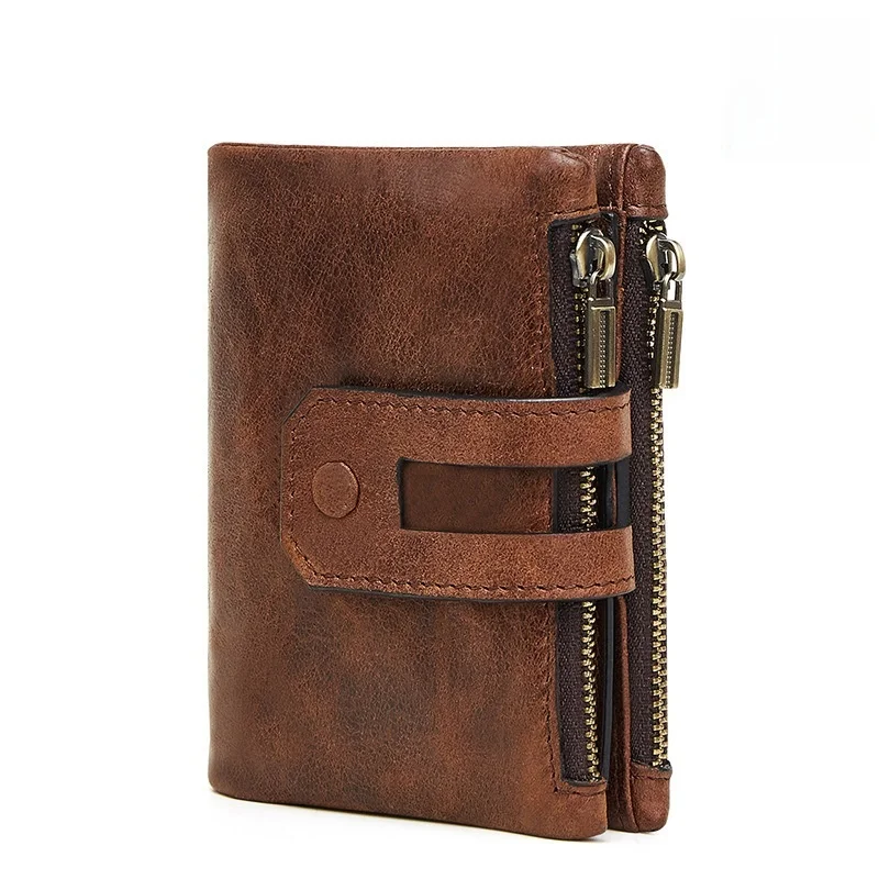 

Leather Wallet for Men Casual Double Zipper Retro Handheld Money Bag Multi-Card Slot Vintage Style Short Size Wallet