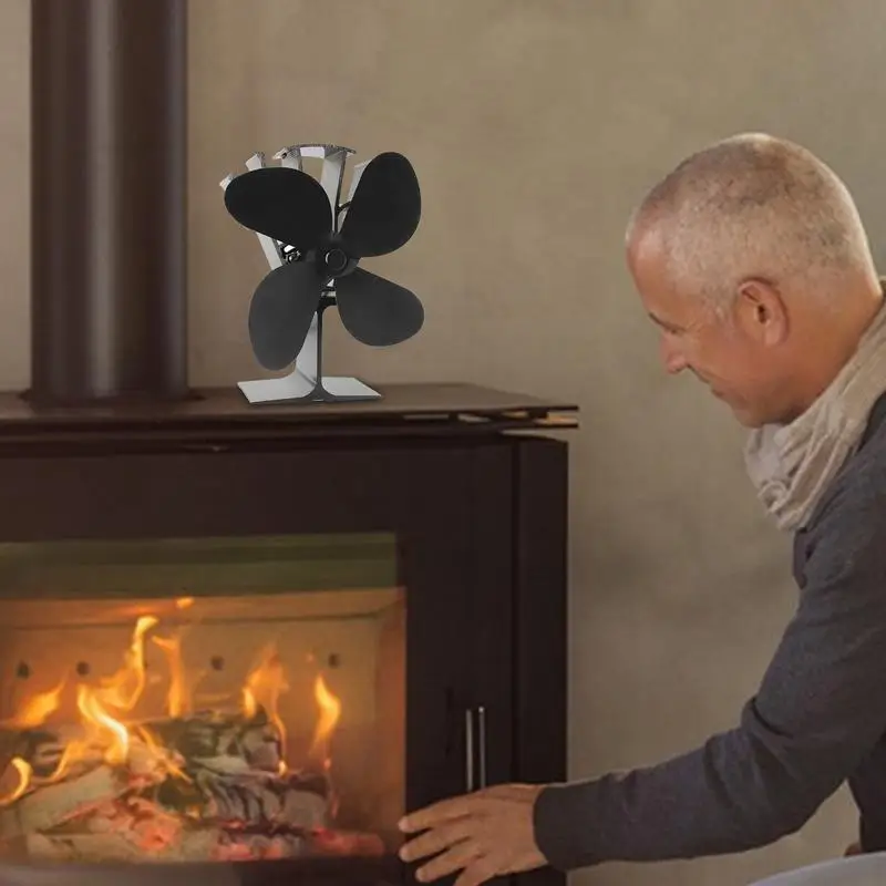 Fireplace Fan Black Leaves Aluminum Alloy Stove Fireplace Four Leaves Home Heating Warming Precise Fit Lightweight Stove Fan