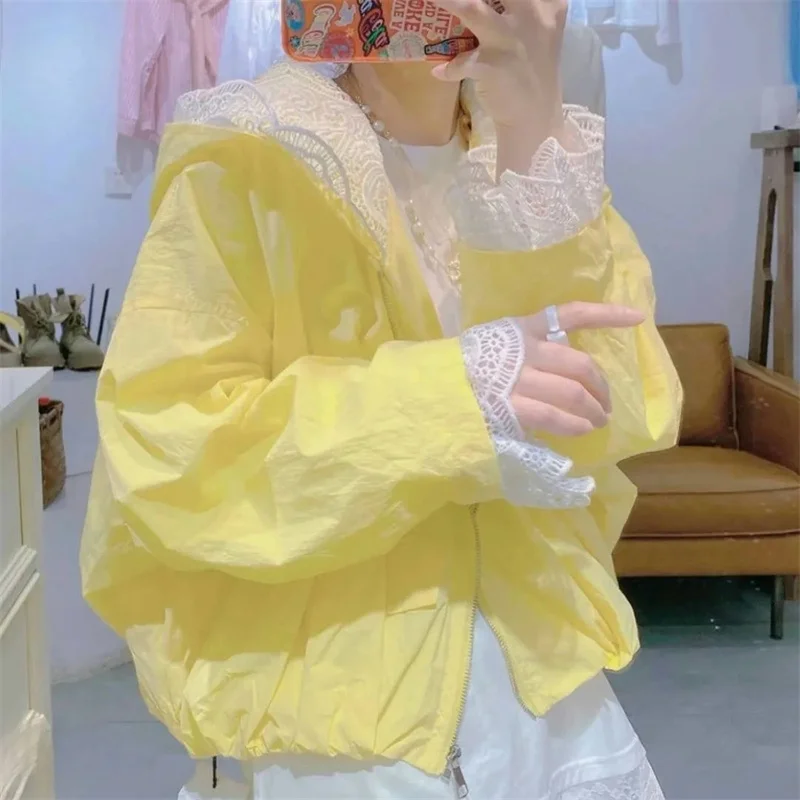 

Lace Sunscreen Jacket Women's Spring/Summer 2025New Splicing Sun Protection Clothing Coat Female Fashion Hooded Outwear Tide Top
