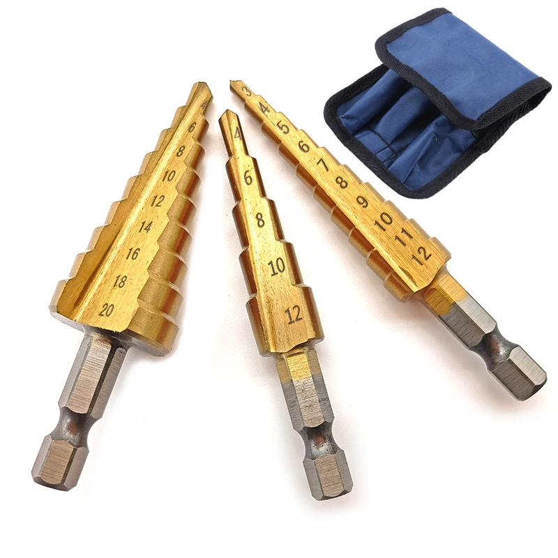 Broca Cone Revestida de Titânio Peças 312 mm 4-12 mm 420 mm Hss Broca de Passo Revestida de Madeira Cortador de Metal Núcleo Ferramenta de Perfuração de Cone