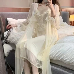 Set Robe Women's Sleeve Sexy Homewear Long Hot Pajamas Bathrobe 2 Nightdress Sleepwear Lace Pcs Nightwear Female Women Lingerie