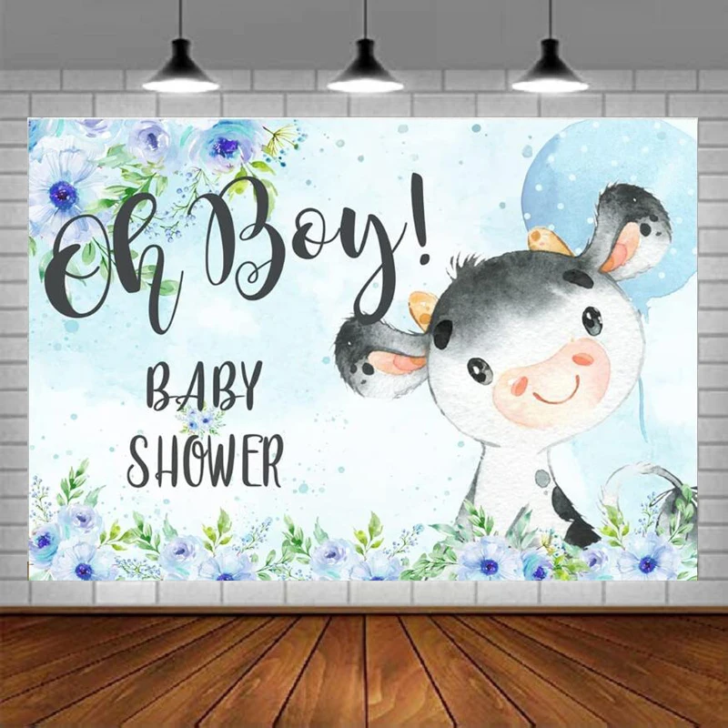 Holy Cow Baby Shower Photography Backdrop Blue Florals Oh Boy Farm Animals Green Leaves Background It's A Boy Party Decor