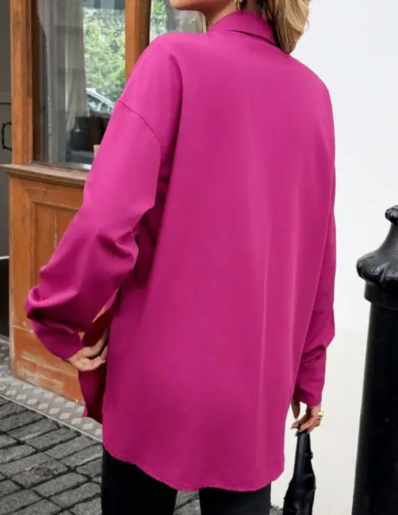 Autumn New Solid Color Lapel Simple Loose Long Sleeved Shirt for Women, Elegant Rose Red Fashionable Slim Fit Commuting Shirt