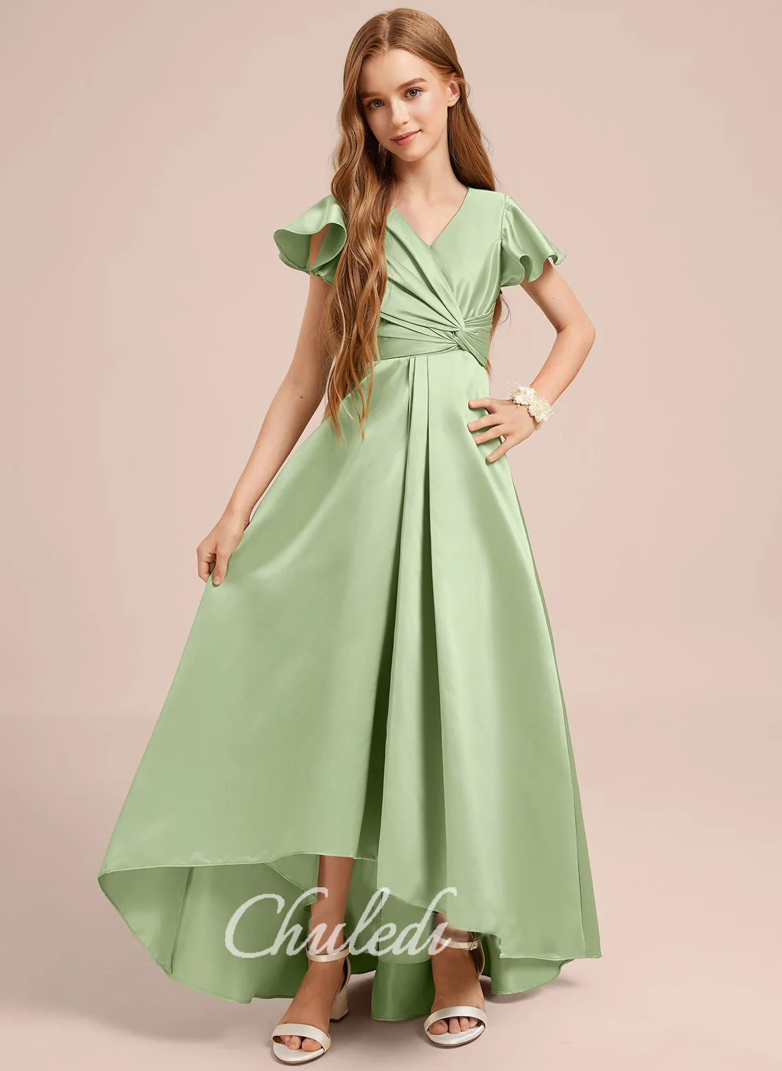 

A-line V-Neck Asymmetrical Satin Junior Bridesmaid Dress