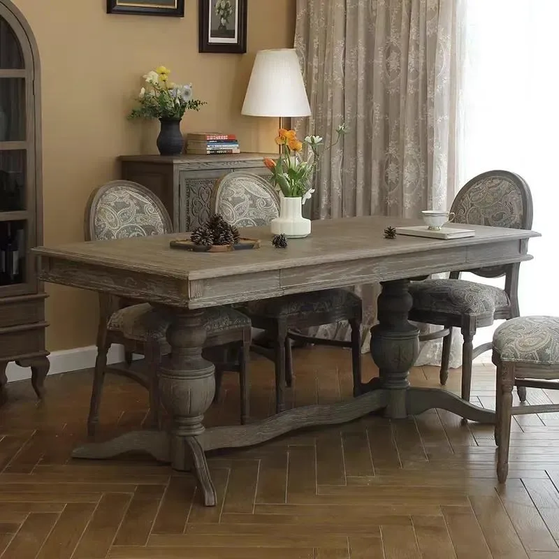 American Country Solid Wood Rectangular Dining Table Large Size Western Style Dining Room Table and Chair Combination