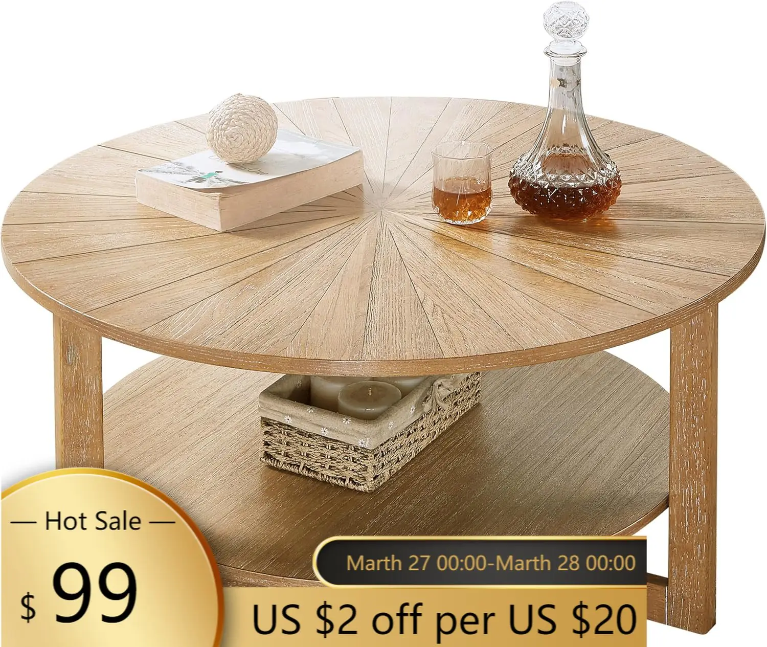 

Круглый деревянный журнальный столик с 2-уровневой полкой для хранения, для гостиной, квартиры, дома, светло-коричневый, 35Dx3