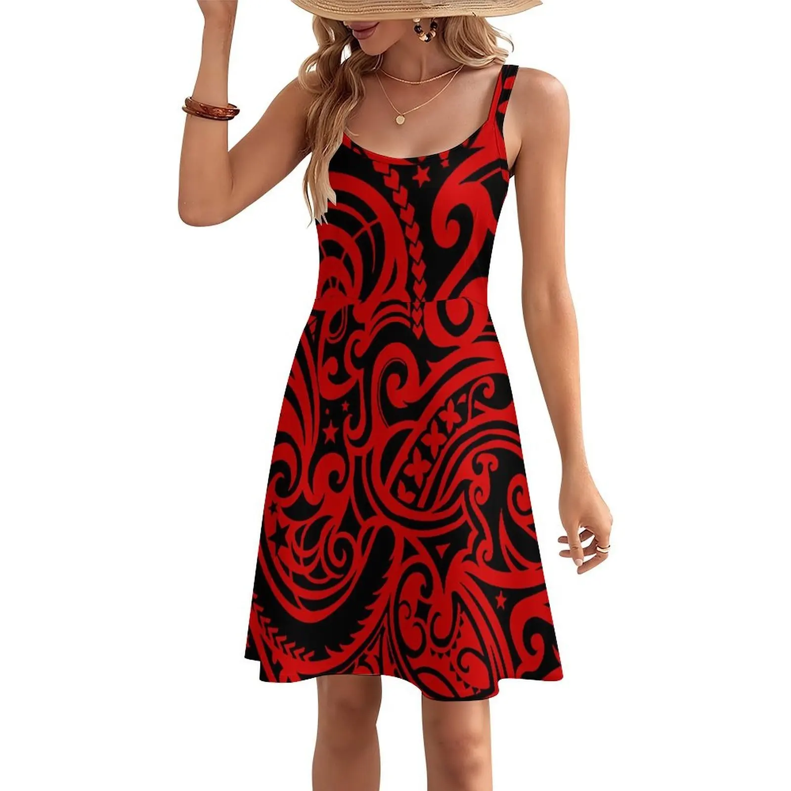 Samoa-Style Floral Print Custom-Made Women'S Beach Dress With A Fitted Halter Design And Exquisite Polynesian Women'S Swimsuit