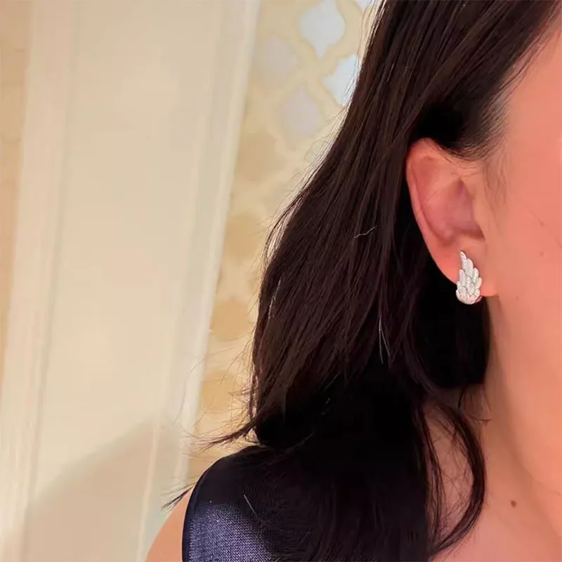Brushed texture inlay diamonds wing earrings for women simple and glossy exquisite earings stud suitable for daily jewelry