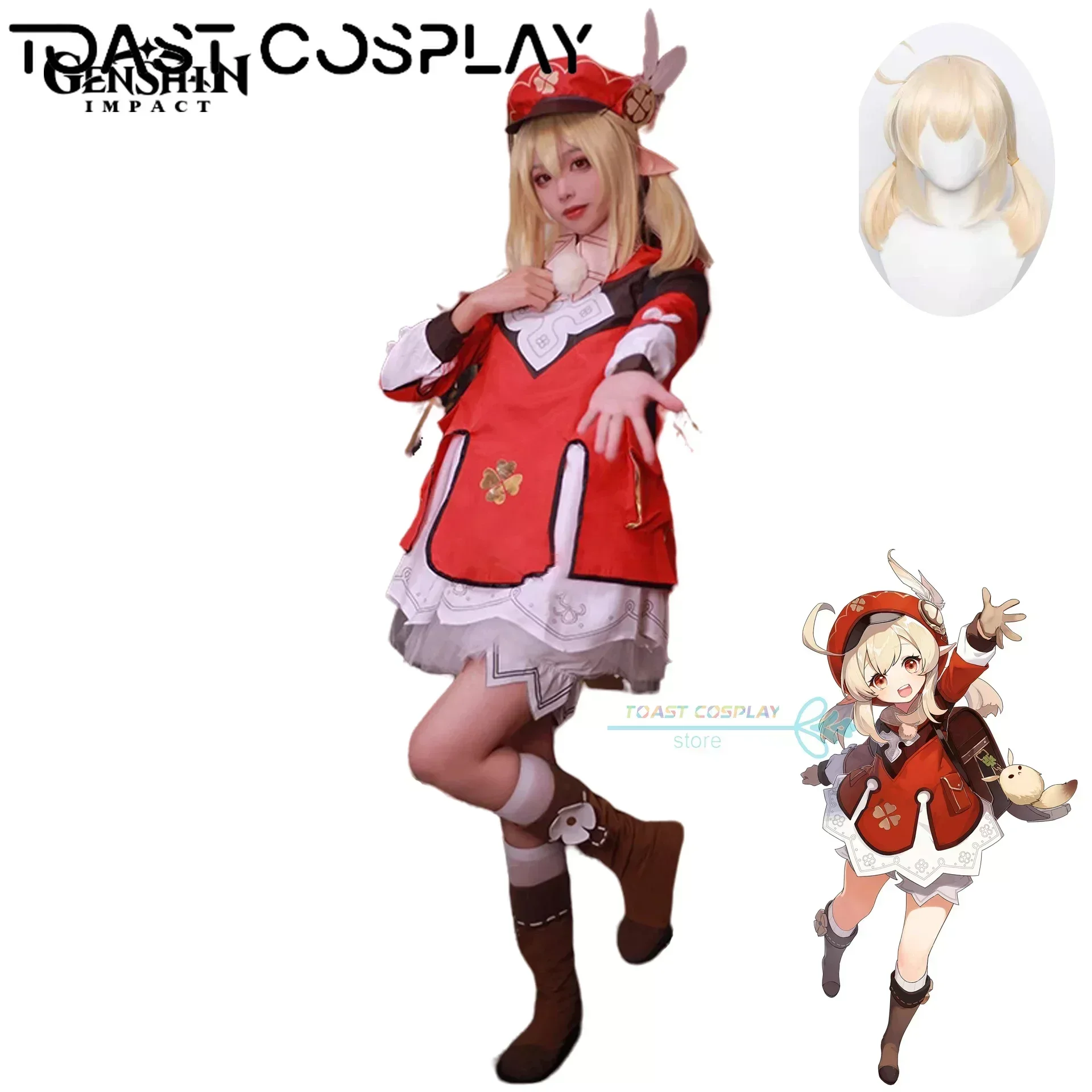 Genshinimpact Klee Costume Cosplay Anime Cos Abiti Borsa per abiti Parrucca Set completo Genshinimpact Cosplay per la festa di carnevale di Halloween