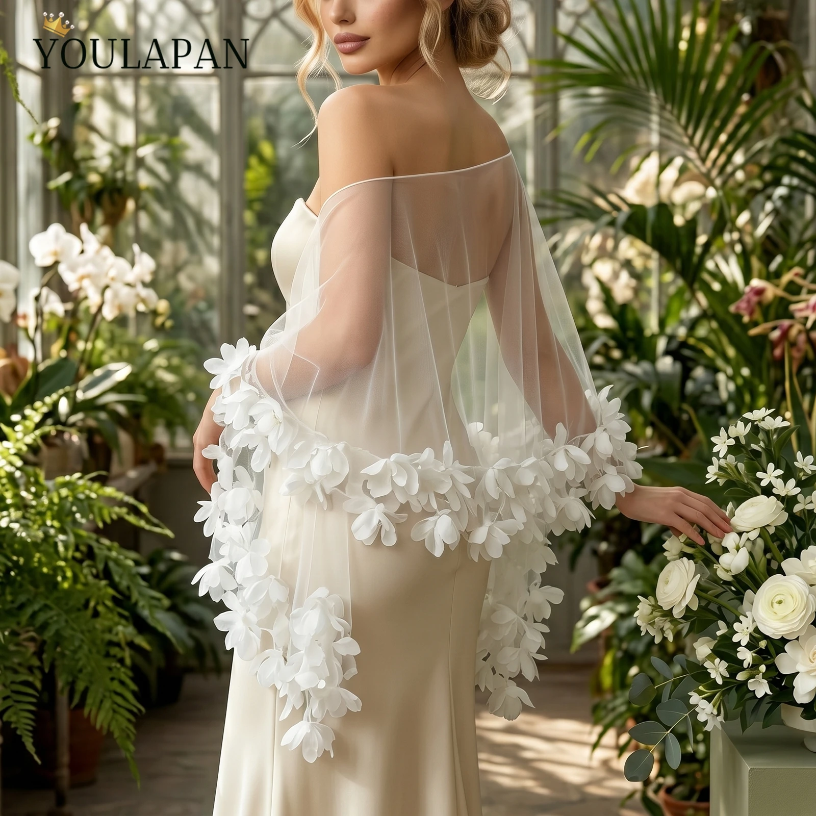 TOPQUEEN MG20 Brautschal mit Blumenrand, Tüll, Damen-Bolero, Brautjacke, Hochzeitsschleier, Capa Boda Novia, DIY, anpassbar – Detail 10