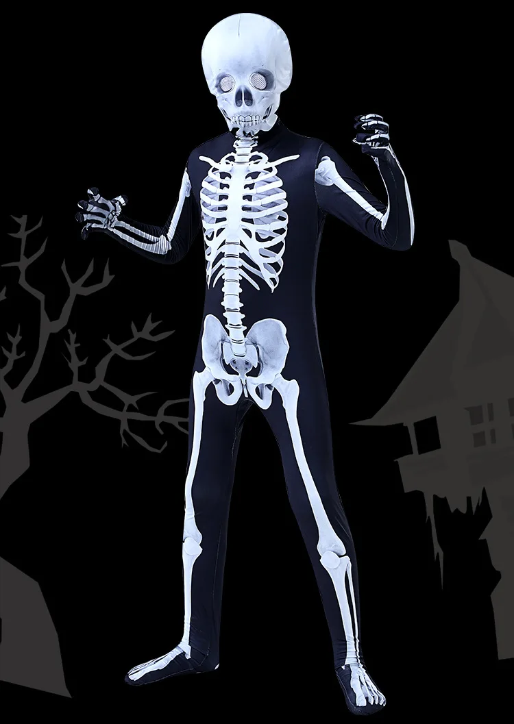 Kostium szkieletu dla dzieci, straszny strój, kombinezon, zestaw kostiumów na Halloween, strój na występy, rekwizyty sceniczne, kolekcja zimowa