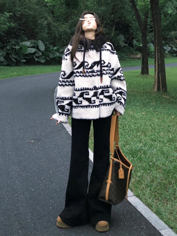 Giacca in pelliccia di agnello intrecciata da donna retrò americana con cappuccio in cotone sandwich capispalla inizio autunno cappotto coreano Sle ort