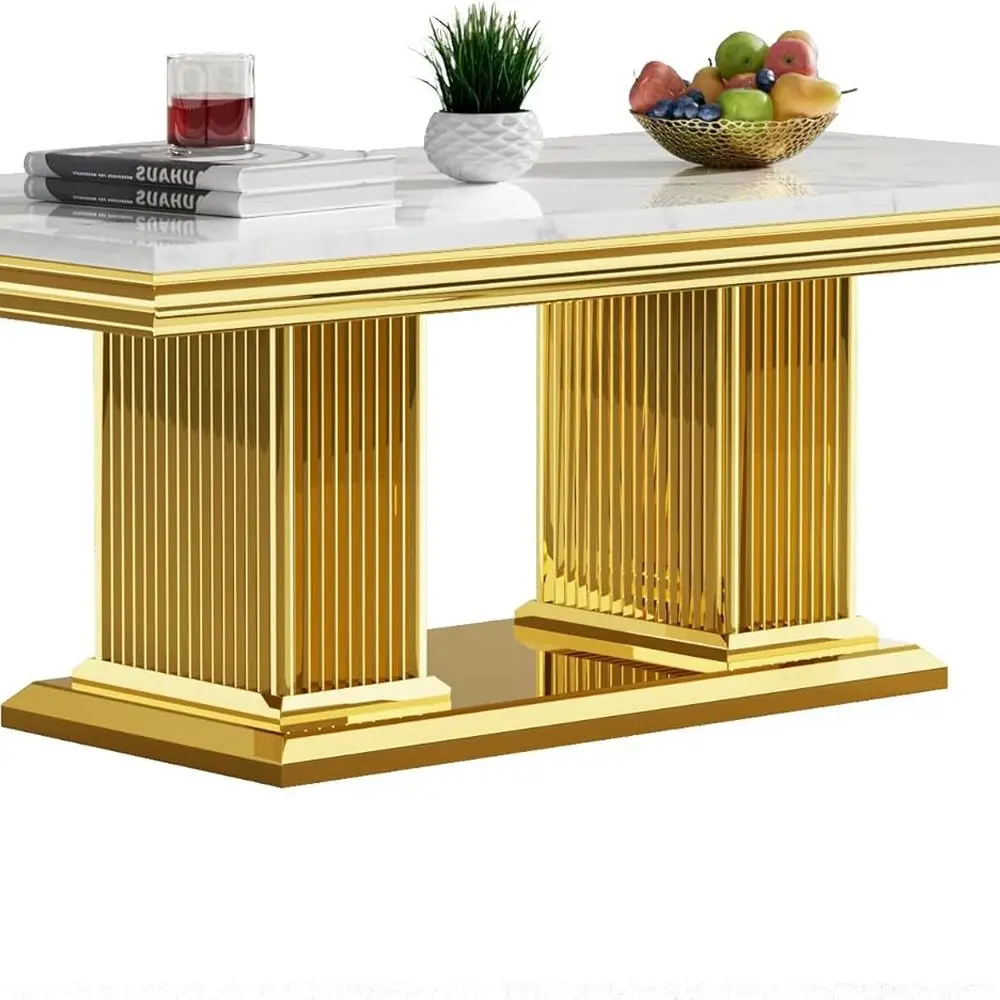

Rectangular High-Gloss Golden Stainless Steel Base Coffee Table with White Marble Top for Living Room and Home Use