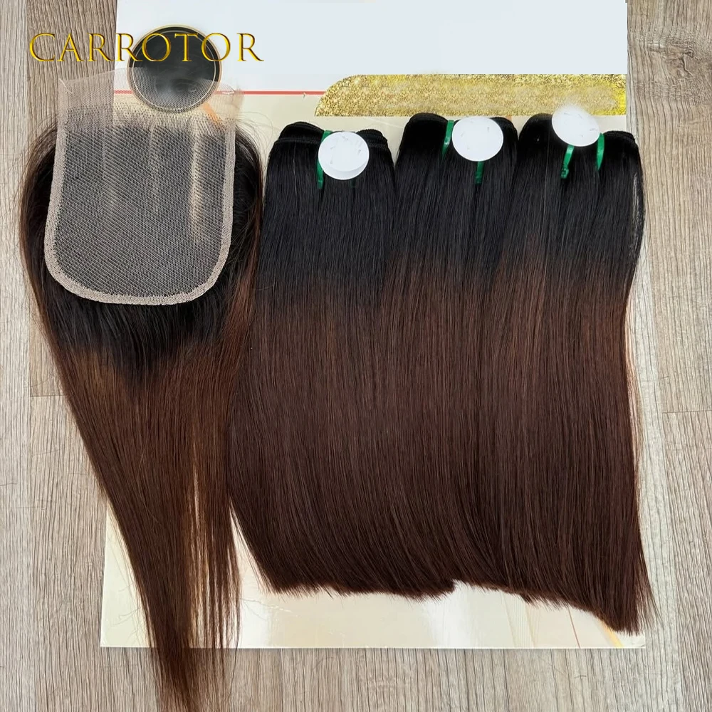 Extensiones de Cabello Humano Liso Natural Brasileño Negro y Marrón con Cierre 4x4, 3 Paquetes para Mujer