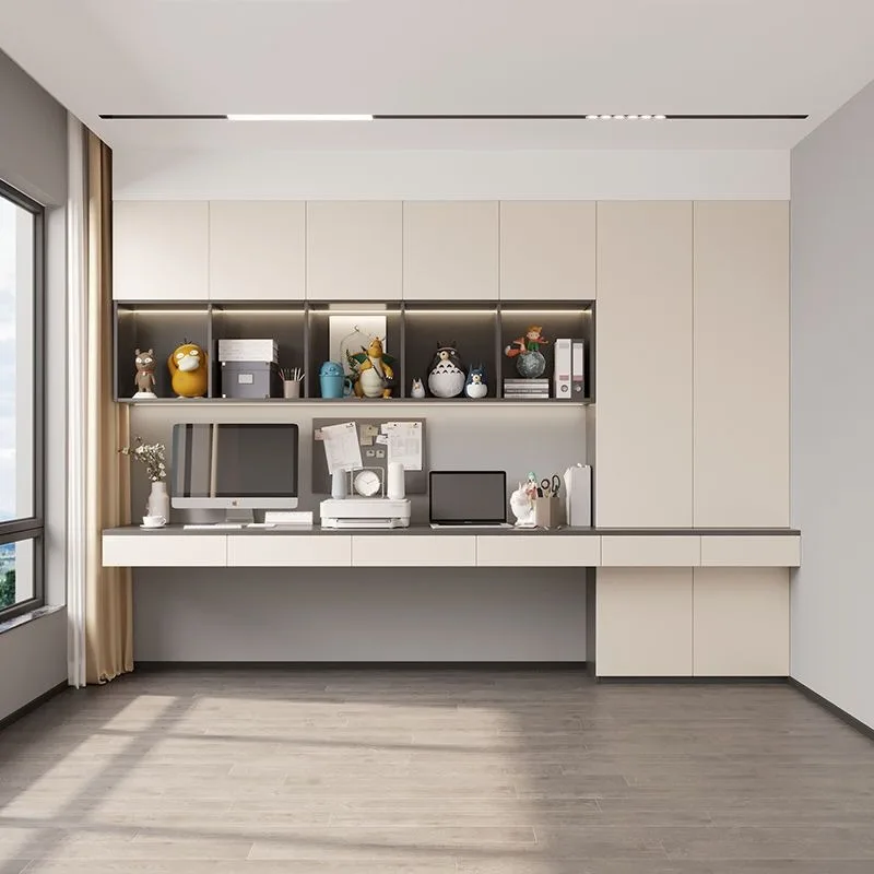 

Simple and Modern Double Desk, Bookshelf Integrated Against The Wall, Home Study, Computer Desk, Bookcase Storage