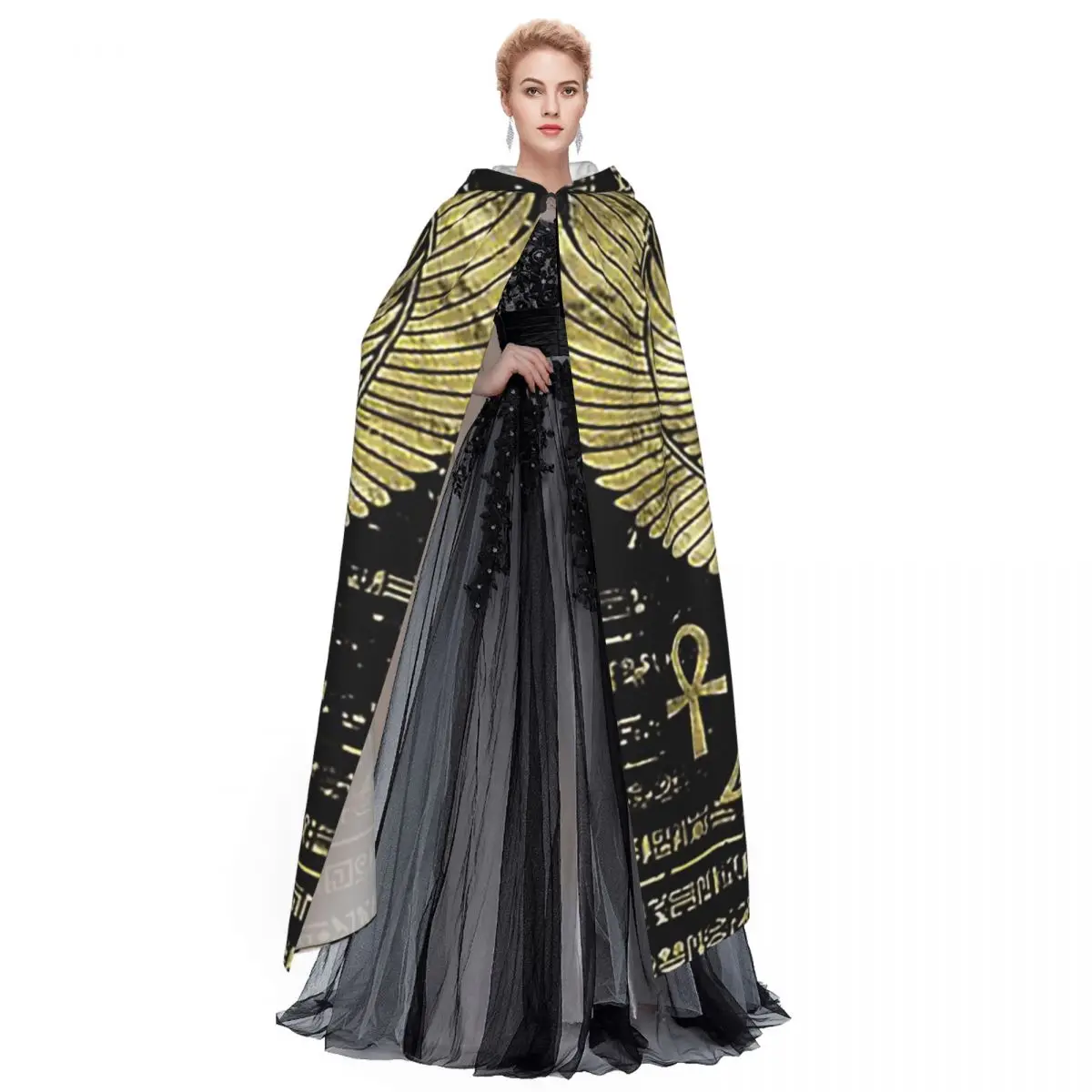 عين حورس المصرية Wadjet الذهب والأسود عباءة طويلة مقنعين الساحرة القرون الوسطى زي تأثيري كيب هالوين معطف الكبار للجنسين