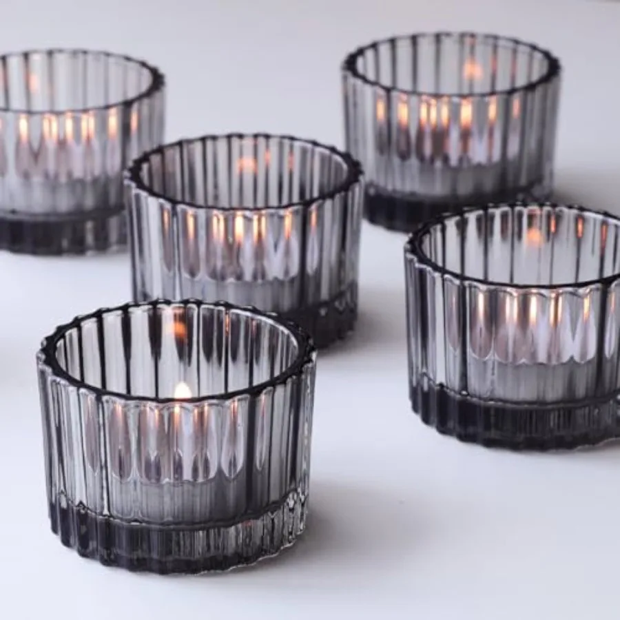 

pcs Smokey Grey Tealight Candle Holder for Neutral Room Decor Ribbed Votive Candle Holders for Table Centerpiece Glass Tea Ligh