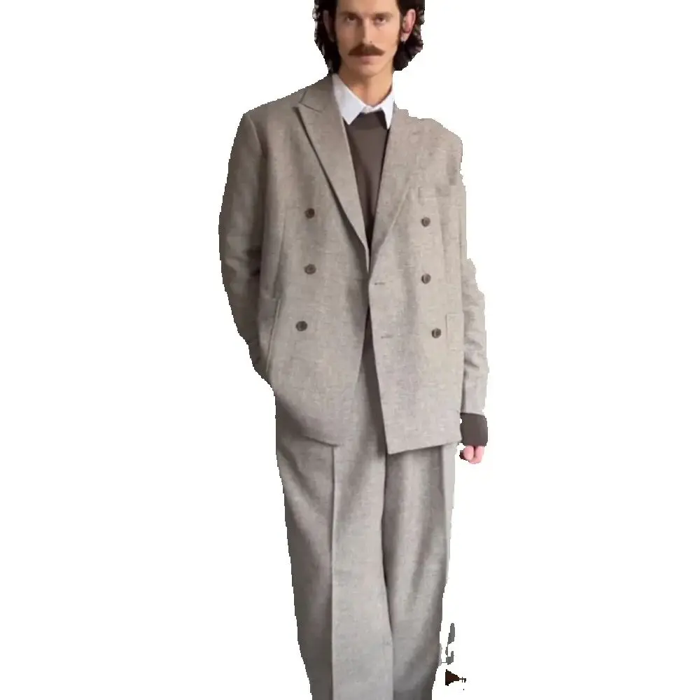 

Soild Color Double-Breasted Men Classic Suits 2 Piece Sets Peak Lapel Fashion Slim Casual Office Party Male Outfits(Jacket Pant)