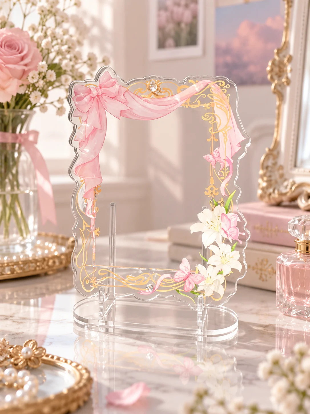 Wedding Bow Floral Acrylic Photo Frame for 3 Inch Mini Cards Polaroid Pictures Cute Desktop Display Stand Decoration