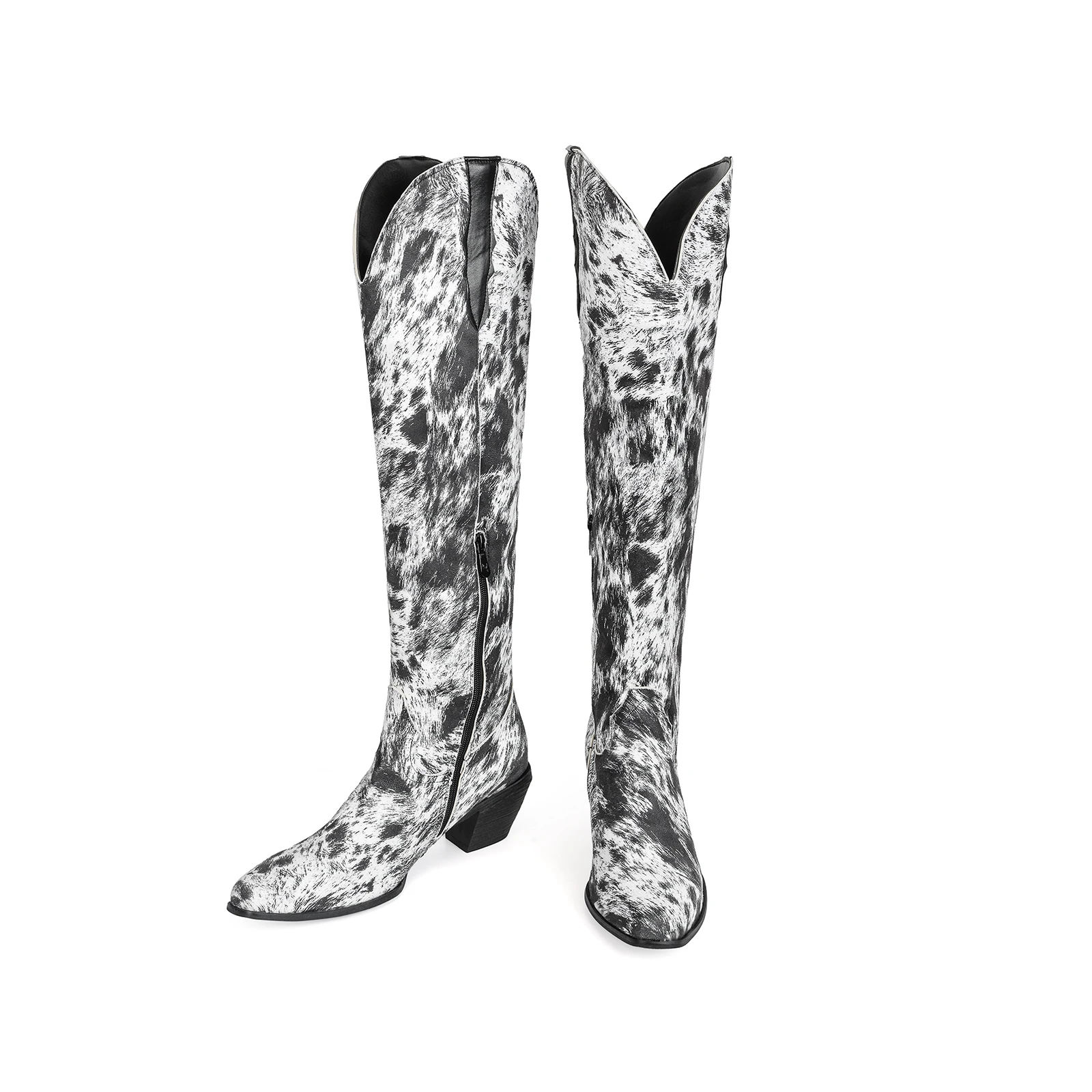 Botas occidentales por encima de la rodilla con estampado de leopardo, pelo de caballo de imitación, botas de caballero de tacón grueso puntiagudo Retro, bota larga estampada para Halloween