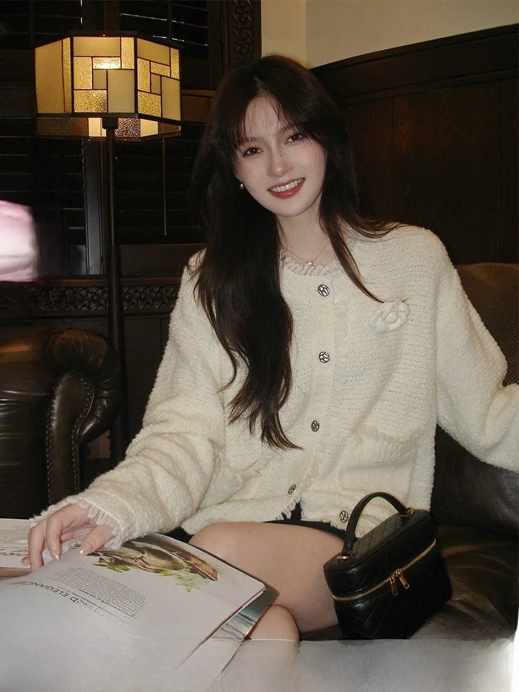 

Вязаный кардиган из 100% шерсти свободного кроя для женщин, весенняя верхняя одежда, длинный рукав, круглый вырез, в стиле Ele Lazy Sle