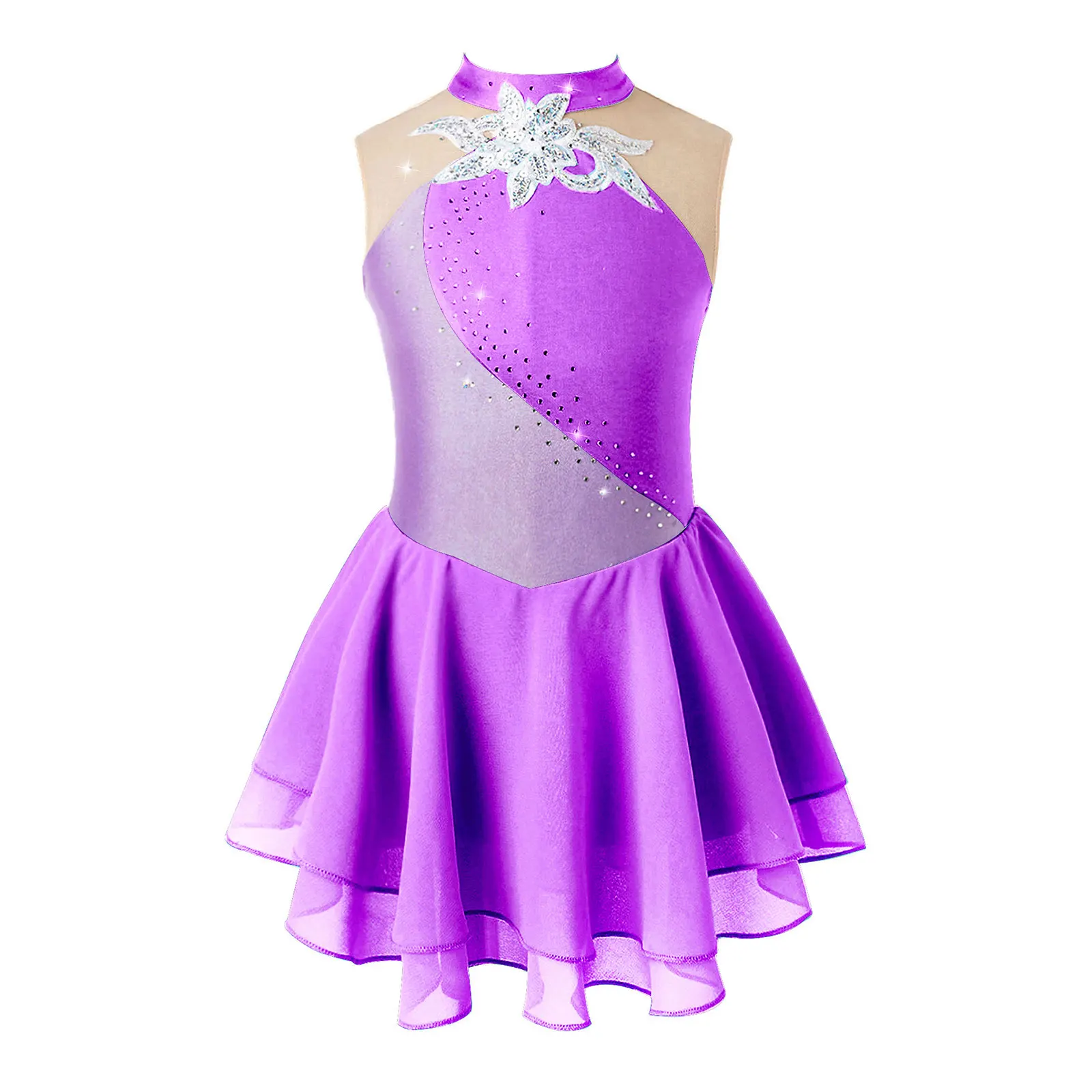 Kids Girls Shiny Rhinestone Gymnastics Leotard Figure Skating Dress Ballet Tutu Dress Jersey Lyrical Dance Leotard Costume