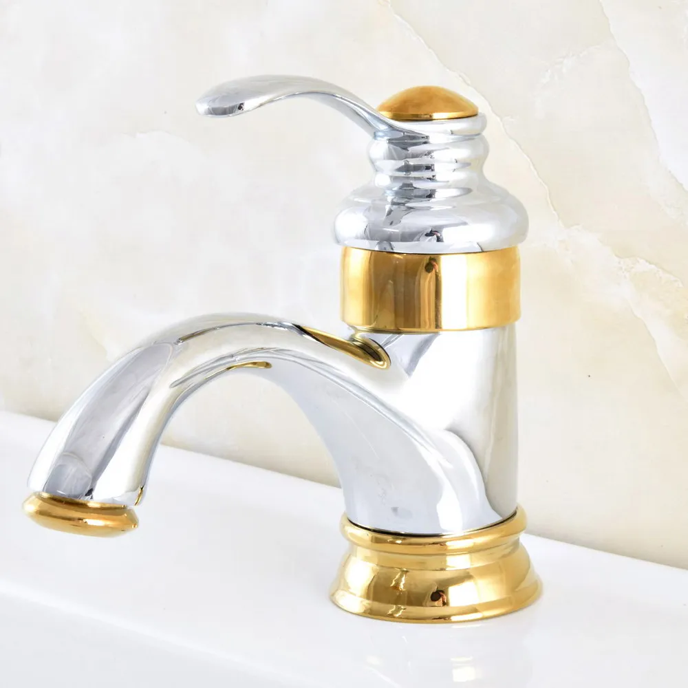 Deck Mounted Chrome Gold Brass Single Handle Hole Bathroom Sink Mixer Faucet Hot and Cold Water Mixer Tap  Lnf302