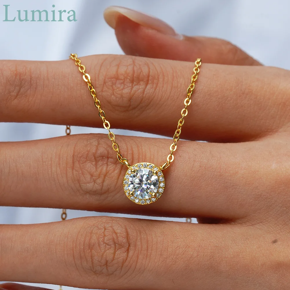 Lumira Sparkling 18K Gold Full Set with Moissanite Necklace with 1-Carat Round Pendant for Women Fine Jewelry Christmas Gifts