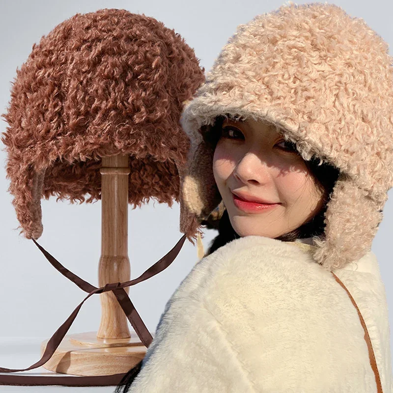 

Japanese Knitted Plush Ear Protection Hats Korean Autumn Winter Simple Lamb Wool Keep Warm Beanies Flying Outdoor Ski Cap