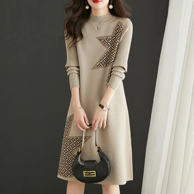 2023 Autumn Winter Half High Collar Beige Woolen Dresses Women Thicken Warm Bottom Dresses Loose Casual Fashion Sweater Dresses